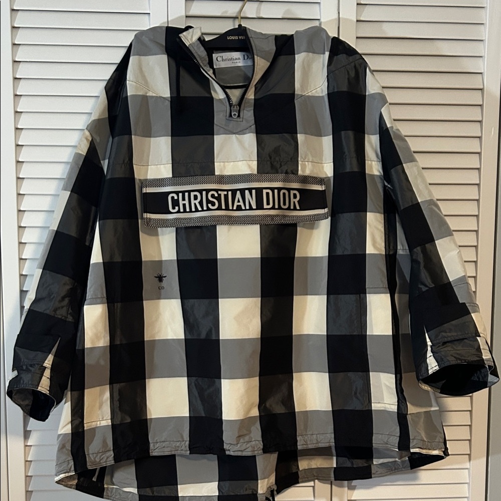 Christian Dior Black and Ivory Checkered Hooded Polyester Jacket